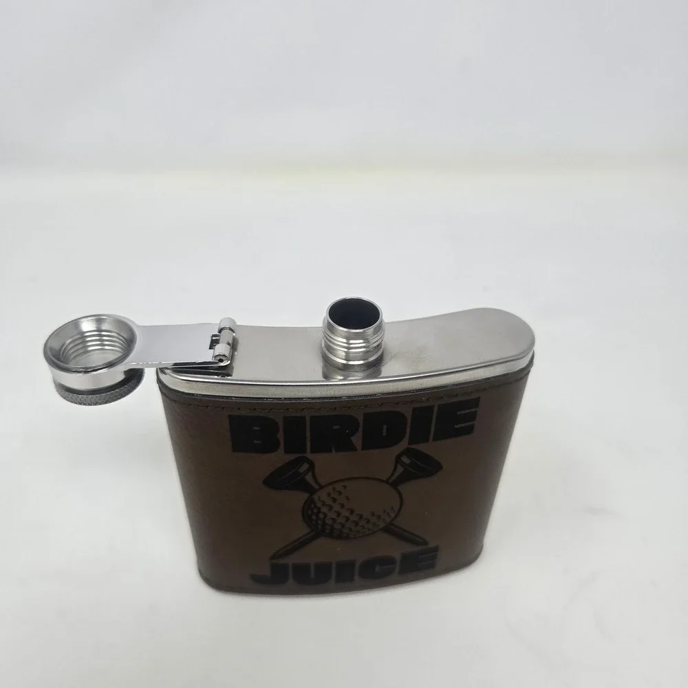 Birdie Juice Golf Hip Flask 6oz Stainless‎ Steel Brown Faux Leather Wrap